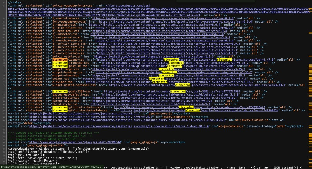 页面源代码中可见大量 Elementor 相关 CSS/JS 文件